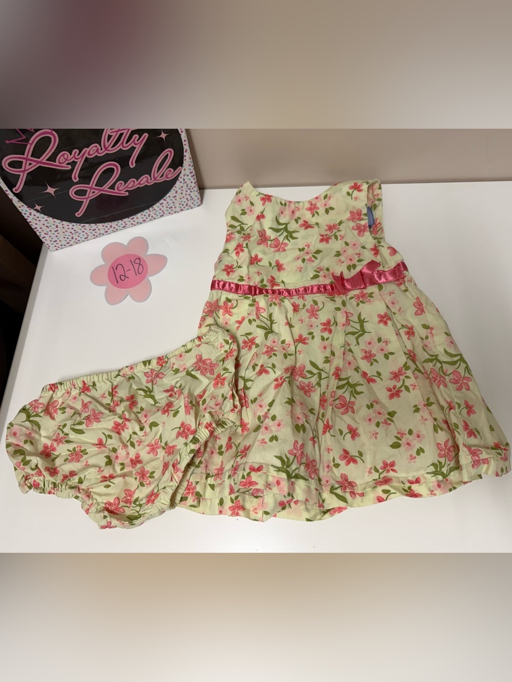 Koala Kids Pale Yellow Floral Dress with Pink Ribbon
